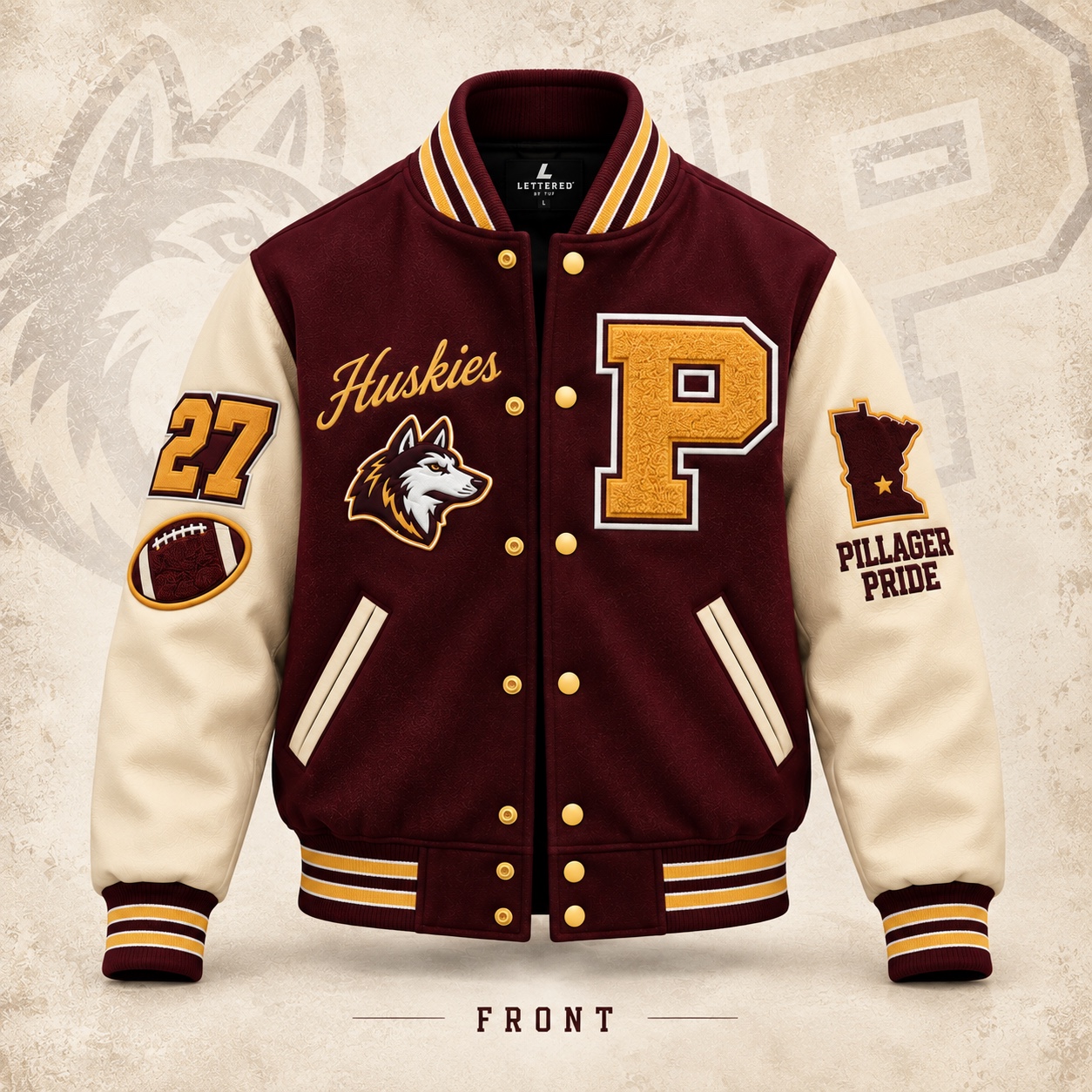 Design mockup of a Pillager Huskies letterman jacket